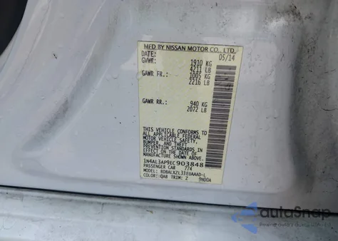 2014 Nissan Altima 2.5 Sl z USA, uszkodzony, nr VIN 1N4AL3AP9EC903848